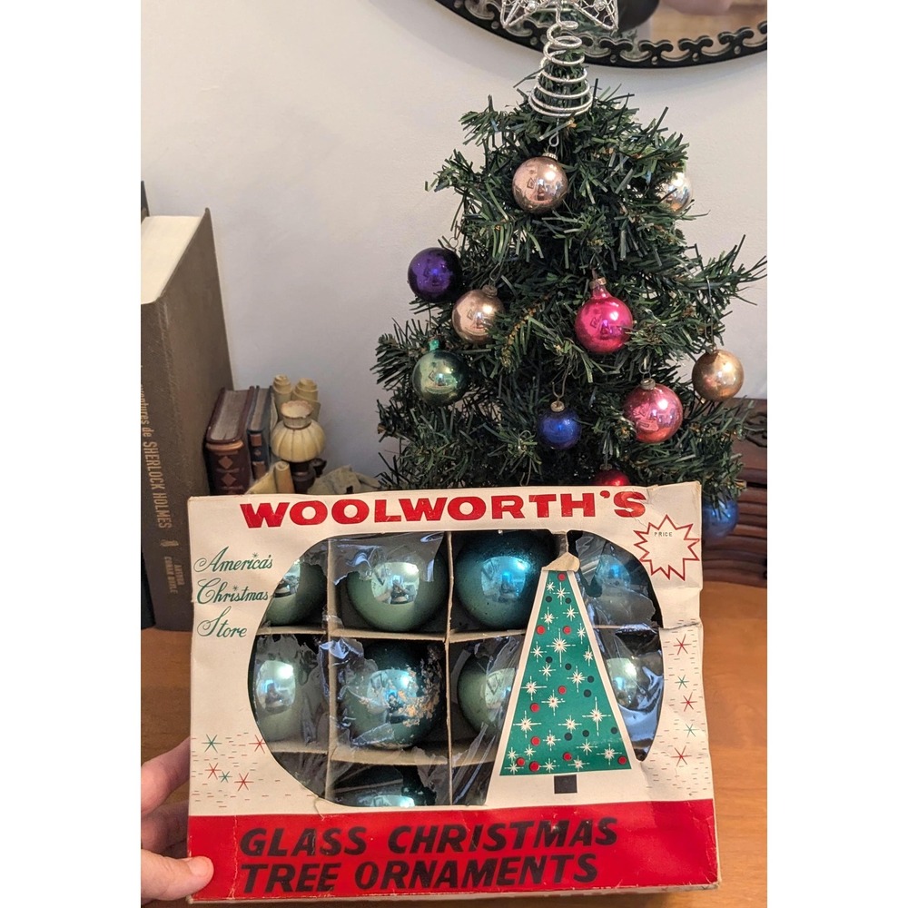 Vintage Blue Glass Christmas Ornaments Set of 12 Woolworth's Boxed Mercury Glass